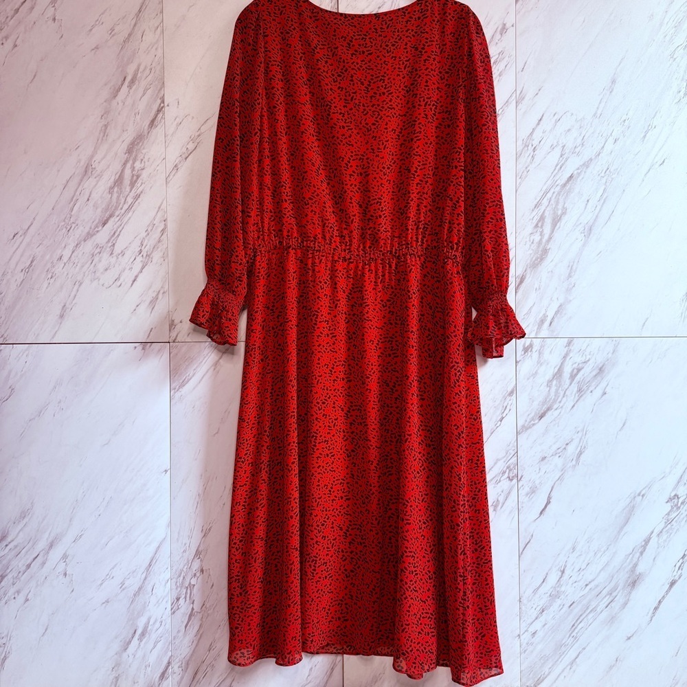 Talbots Petite Leopard Split Neck Long Sleeve Red Midi Dress SZ 12P - Picture 4 of 6